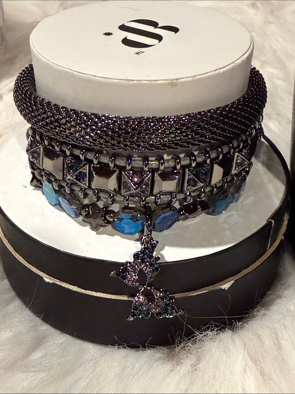 BOMB PARTY - Multilayer Hematite and Blue Crystal Charm Bracelet